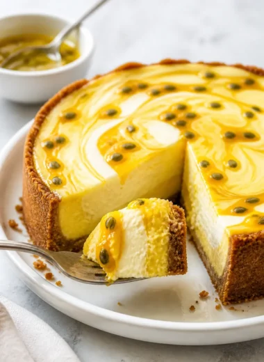 Passionfruit curd ripple cheesecake auf einem weißen Teller