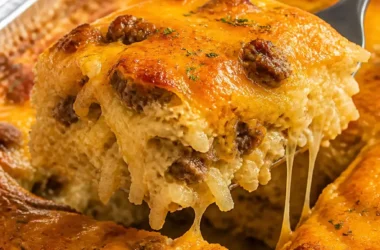 Sausage, Egg, and Cream Cheese Hashbrown Casserole auf einem Teller