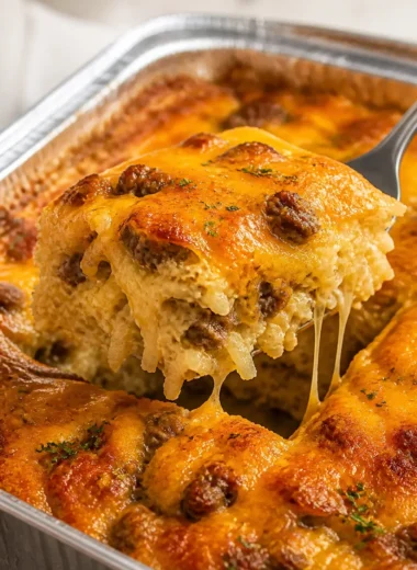 Sausage, Egg, and Cream Cheese Hashbrown Casserole auf einem Teller