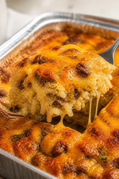 Sausage, Egg, and Cream Cheese Hashbrown Casserole auf einem Teller