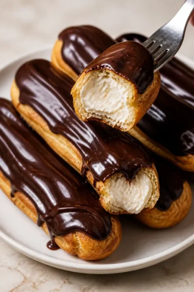 Leckere Schokoladen-Eclairs auf einem Teller angerichtet