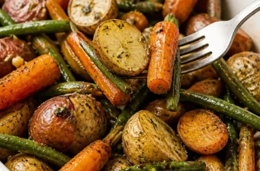 Saisonales geröstetes Gemüse mit Knoblauch und Kräutern, lecker und gesund.
