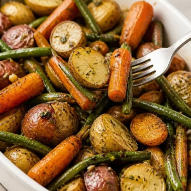 Saisonales geröstetes Gemüse mit Knoblauch und Kräutern, lecker und gesund.