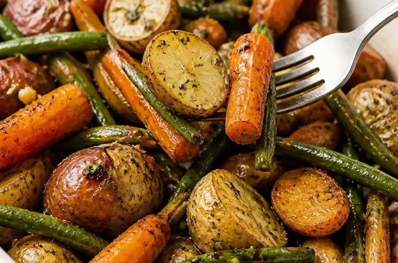 Saisonales geröstetes Gemüse mit Knoblauch und Kräutern, lecker und gesund.