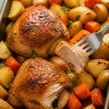 Sheet Pan Chicken Thighs mit Gemüse auf einem Blechrost zubereitet.