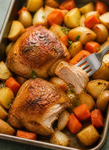 Sheet Pan Chicken Thighs mit Gemüse auf einem Blechrost zubereitet.