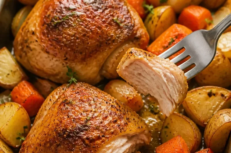 Sheet Pan Chicken Thighs mit Gemüse auf einem Blechrost zubereitet.