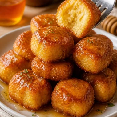 Sweet Southern Honey Butter Cornbread Poppers Recipe: Bake Joy 37 Süße Honigbutter-Maisbrot-Popper auf einem Teller serviert.