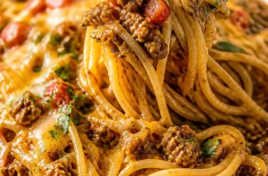 Leckeres Taco Spaghetti Gericht auf einem Teller, garniert mit frischen Zutaten.