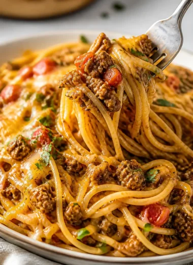 Leckeres Taco Spaghetti Gericht auf einem Teller, garniert mit frischen Zutaten.