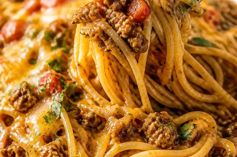 Leckeres Taco Spaghetti Gericht auf einem Teller, garniert mit frischen Zutaten.