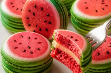 Leckere Wassermelonen-Macarons auf einem bunten Teller präsentiert