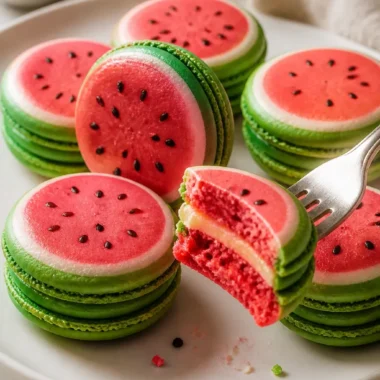 Wassermelonen-Macarons 38 Leckere Wassermelonen-Macarons auf einem bunten Teller präsentiert