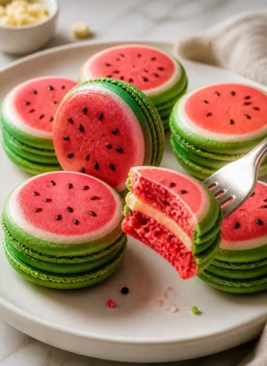 Leckere Wassermelonen-Macarons auf einem bunten Teller präsentiert