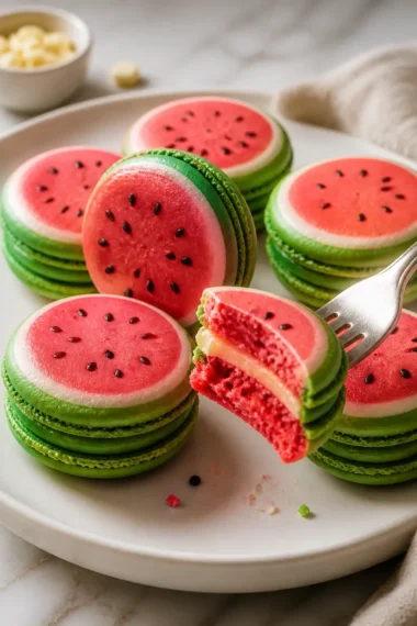 Leckere Wassermelonen-Macarons auf einem bunten Teller präsentiert